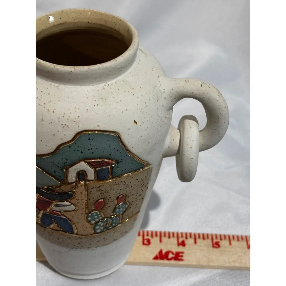 Southwestern Hand Painted Pottery Vase Desert Scene Ring Handles Gold Trim Aztec